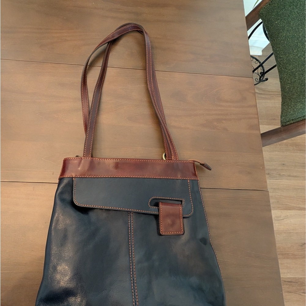Unique Italian Leather Convertible Backpack Tote Navy blue with brown straps
